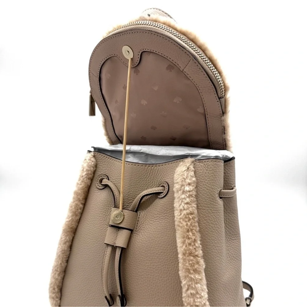Kate Spade Medium Flap Fur Faux Shearling Backpack Tan - Picture 8 of 10